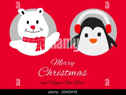 polar bear and penguin are in circle hole with happiness with Christmas invitation card design,vector illustration Stock Vector