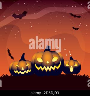 Halloween orange three pumpkins cartoons design, Holiday and scary theme Vector illustration Stock Vector