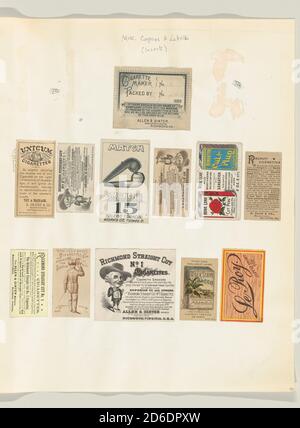 Album page with twelve tobacco coupons and labels, ca. 1888. Toledo Tobacco Works Co., P. Lorillard Co., S. Jacoby &amp; Co., H. Ellis &amp; Co., and The Pinkerton Tobacco Co Stock Photo
