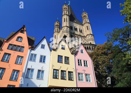 Cologne Old Town, Germany. Colorful architecture of Fish Market (Fischmarkt) and  Great Saint Martin Church. Stock Photo