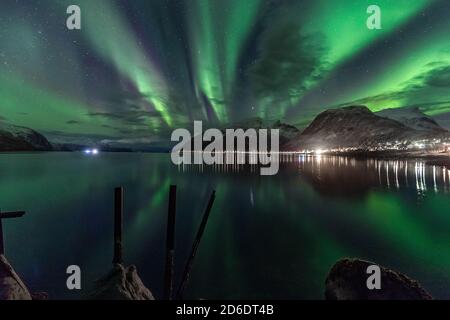 Northern lights / aurora borealis over Bergsbotn, a fjord on the island of Senja in Norway Stock Photo