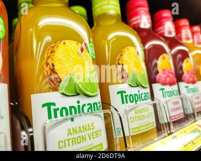 Puilboreau, France - October 14, 2020:Selected Focus on a collection of Topicana bottles in french market Stock Photo