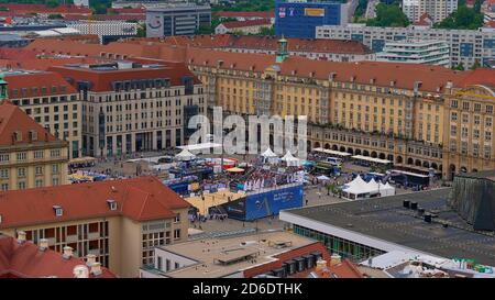 Dresden, Germany-06/16/2018: Aerial view of beach volleyball tournament tanking place on historic square Altmarkt, the oldest market place in Dresden. Stock Photo