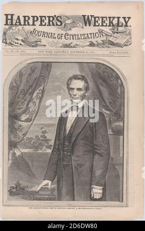 Hon. Abraham Lincoln, born in Kentucky, February 12, 1809 (Harper's Weekly, Vol. IV), November 10, 1860. Formerly attributed to Winslow Homer, wood engraving after a photograph by Mathew B. Brady. Stock Photo