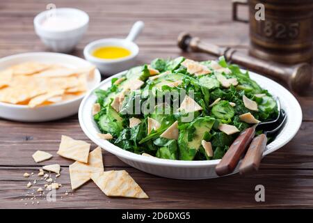 Paleo Fattouche Salad with gluten free flat bread, selective focus Stock Photo