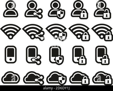 Data Protection & Data Security Icons White On Black Sticker Set Big Stock Vector