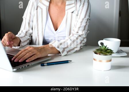 Woman working on her laptop with blank copy space screen. Mock up laptop with womans hands.Back view of business women hands using laptop.Home office Stock Photo