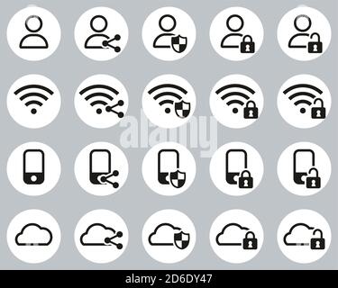 Data Protection & Data Security Icons Black & White Flat Design Circle Set Big Stock Vector