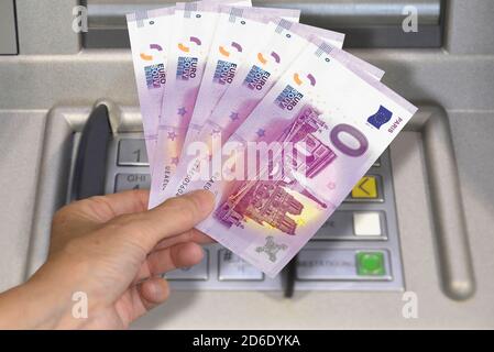 0 euro banknotes from an ATM Stock Photo