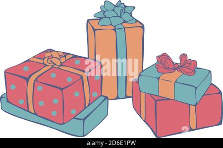 Vector still life with colorful gift boxes isolated on white background. Gitfs concept for New Year. Stock Vector