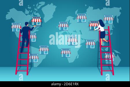Vector of businesspeople expanding franchise network on global map Stock Vector