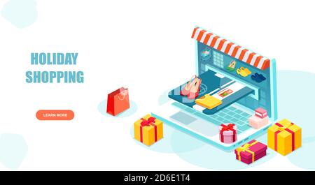 Online shopping concept. Vector of a laptop with clothes and gift boxes and Internet payment with credit card Stock Vector