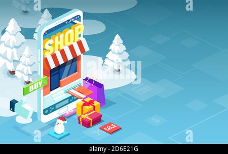 Holiday shopping online via modern mobile phone app concept Stock Vector