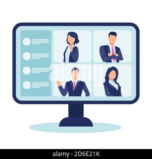 Vector of computer screen with business people chatting having a video conference isolated on white background Stock Vector