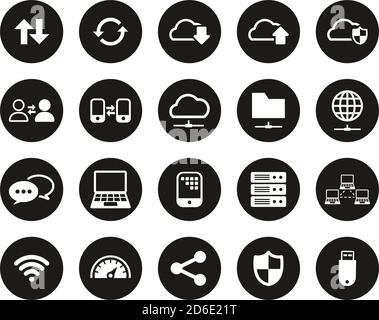 Data Transfer Icons White On Black Flat Design Circle Set Big Stock Vector