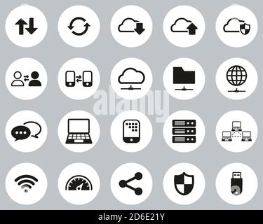 Data Transfer Icons Black & White Flat Design Circle Set Big Stock Vector