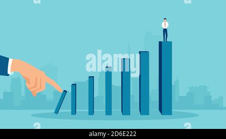 Vector of a big hand pushing financial bars with businessman standing on top of it, engaging domino effect Stock Vector