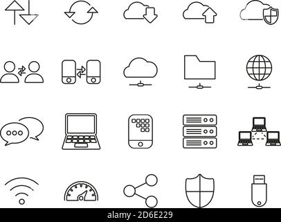 Data Transfer Icons Black & White Thin Line Set Big Stock Vector