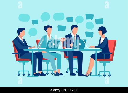 Vector of a businesspeople sitting at table brainstorming, discussing business strategy Stock Vector