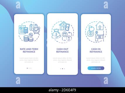 Mortgage refinance types onboarding mobile app page screen with concepts Stock Vector