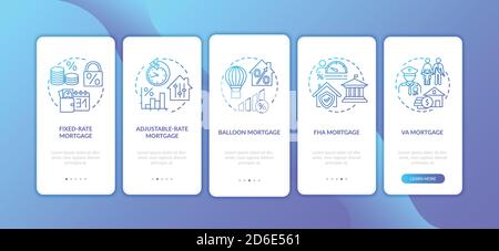 Mortgage types onboarding mobile app page screen with concepts Stock Vector