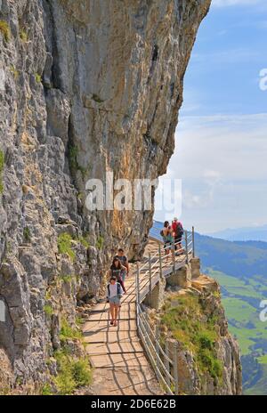 Hiking trail in the Alpstein Mountains to the Berggasthaus Aescher-Wildkirchli, Wasserauen, Appenzell Alps, Appenzeller Land, Canton of Appenzell-Innerrhoden, Switzerland Stock Photo