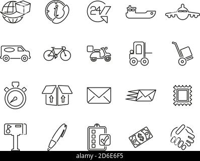Delivery Service or Shipping Service Icons Black & White Thin Line Set Big Stock Vector
