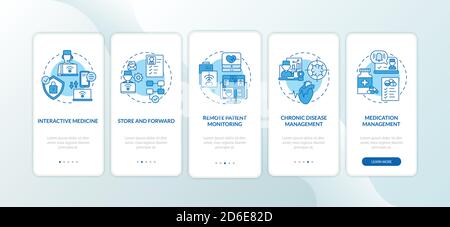 Telemedicine services types onboarding mobile app page screen with concepts Stock Vector