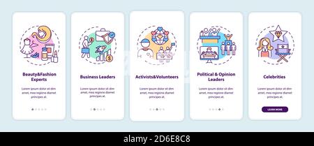 Influencers types onboarding mobile app page screen with concepts Stock Vector
