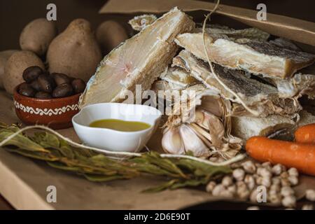 Codfish and traditional Portuguese ingredients Stock Photo