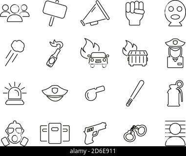 Demonstration Or Protest Icons Black & White Thin Line Set Big Stock Vector
