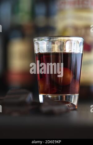 Ginjinha liquor, typical Portuguese made with sour cherries Stock Photo