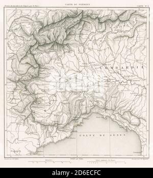 Antique 1859 engraved French map, Carte du Piémont. Piedmont is a region in northwest Italy, one of the 20 regions of the country. SOURCE: ORIGINAL ENGRAVING Stock Photo