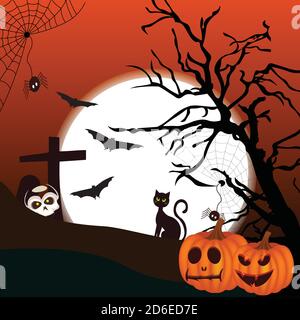 Happy Halloween. Witch house, pumpkin, tree and moon with happy face on green dark night background. Vector Illustration. EPS10 Stock Vector