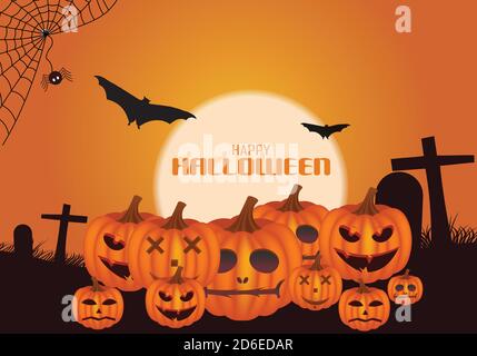 Happy Halloween. Witch house, pumpkin, tree and moon with happy face on green dark night background. Vector Illustration. EPS10 Stock Vector