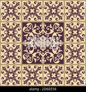 Majolica pottery tile, brown and beige azulejo, original traditional Portuguese and Spain decor. Seamless patchwork tile with Victorian motives. Stock Vector