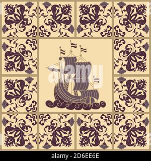 Majolica pottery tile, brown and beige azulejo, original traditional Portuguese and Spain decor. Seamless patchwork tile with Victorian motives. Stock Vector