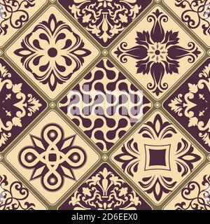 Seamless patchwork tile with Islam, Arabic, Indian, ottoman motifs. Portuguese and Spain decor. Vector illustration Stock Vector