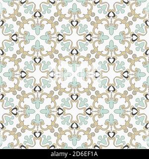Damask pattern. Majolica pottery tile, blue, yellow, gray azulejo, Portuguese, Spain decor. Seamless tile with Islam, Arabic, Indian, Ottoman motifs. Stock Vector