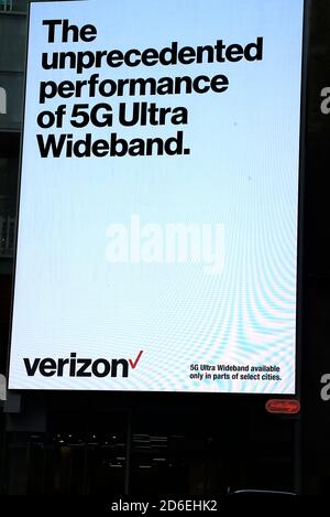 Verizon jumbotron advertises 5G network in Times Square. Stock Photo