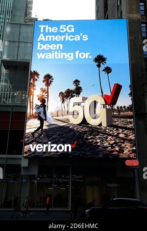 Verizon jumbotron advertises 5G network in Times Square. Stock Photo