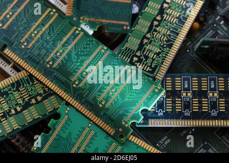 RAM modules, primarily used as main memory in personal computers, workstations, and servers. Big close-up. Stock Photo