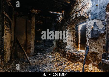 Interior of old historical mansion after fire Stock Photo
