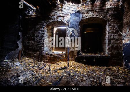Interior of old historical mansion after fire Stock Photo