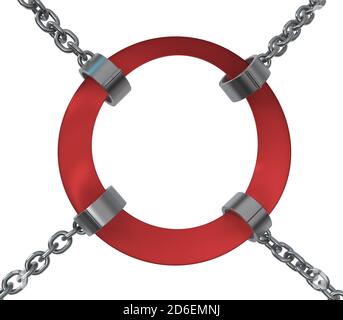 Red tape shackles ring holding sign, chain metal 3d illustration, isolated, horizontal, over white Stock Photo