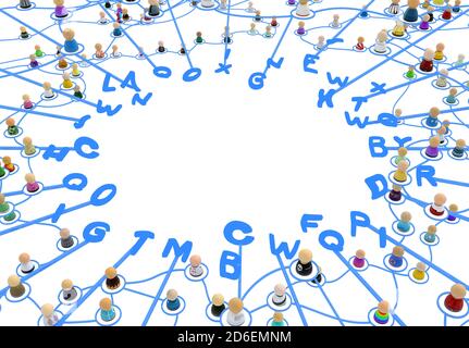 Crowd of small symbolic 3d figures linked by lines, complex layered system, text assemble, over white, horizontal Stock Photo