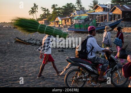 Chaung Thar, Myanmar - December 26, 2019: A local man carries a heavy bundle of green tall grass over his shoulder on the beach on December 26, 2019 Stock Photo