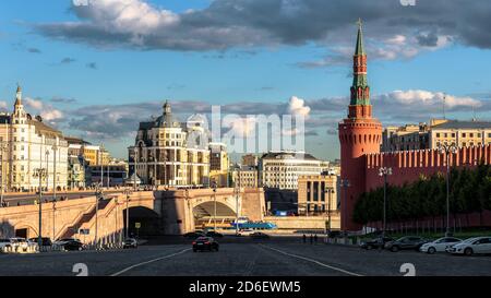 Moscow cityscape, view from Red Square to Bolshoy Moskvoretsky Bridge, Russia. Famous old Kremlin on right. Panorama of Moscow city center at sunset. Stock Photo