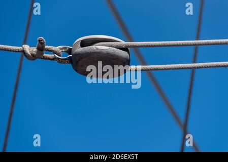 Rope block of a sailing ship, detailed view Stock Photo - Alamy