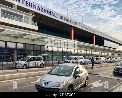 Palermo, Punta Raisi, Italy - September 23, 2020: Exterior of Palermo Falcone Borsellino International Airport Arrival terminal, Sicily Stock Photo